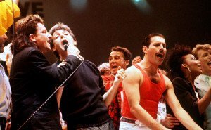 Bono, Paul McCartney and Freddie Mercury were among pop stars to join in Live Aid. [collection: 50 Years of British Pop]