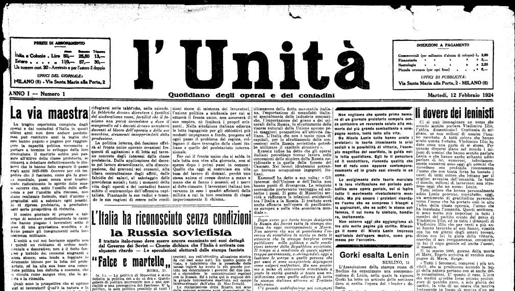 Il primo numero de L'Unità del 12 febbraio 1924. Fonte: Wikimedia