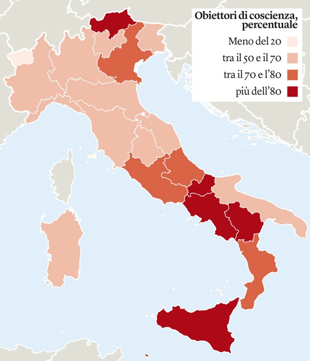 diritto aborto, Obiettori di coscienza nel 2013. Fonte: Internazionale. Dati del Ministero della Salute.