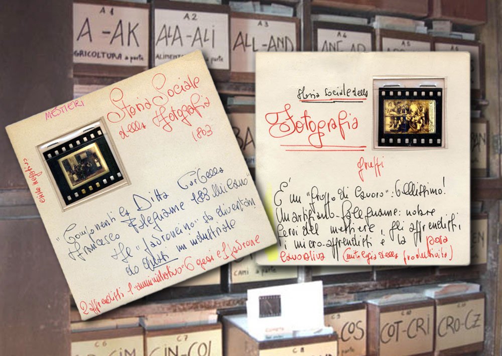 L'archivio analogico: cassette in legno contenente schede cartacee che contengono diapositive colore