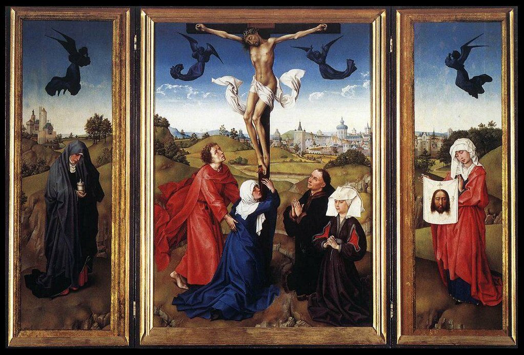 ROGIER VAN DER WEYDEN, Trittico della Crocifissione, 95,5x73 (tavola centrale), olio su tavola, 1440-45, Vienna, Kunsthistorisches Museum