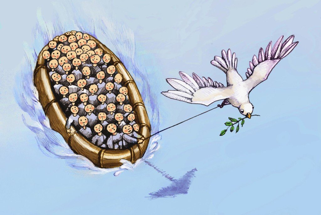 refugees on a boat driven by the dove of peace
