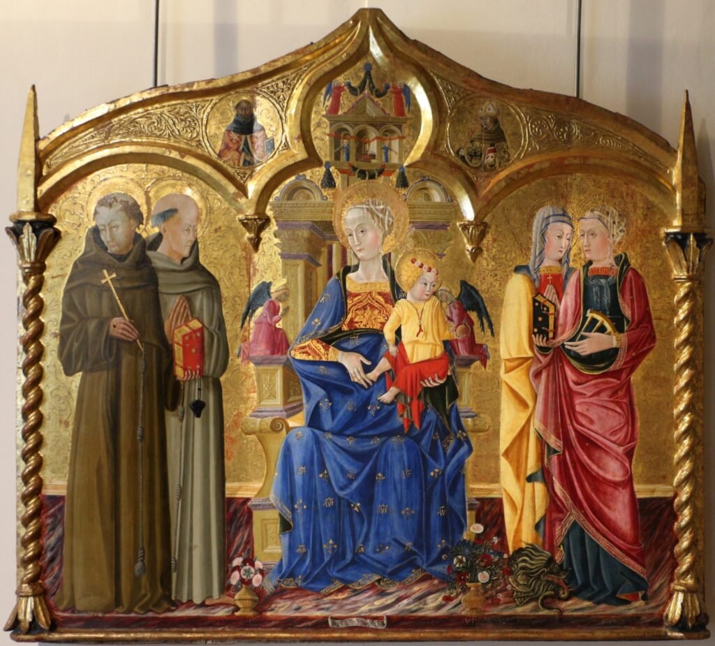 Matteo da Gualdo, Madonna in trono col bambino e angeli fra i santi Francesco e Bernardino, Margherita e Caterina d’Alessandria, 1462, Museo Civico Rocca Flea, Gualdo Tadino (PG)